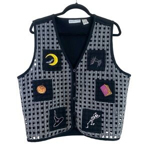 Victoria‎ Jones Women’s Black and White Halloween Basketweave Gingham Vest Sz XL
